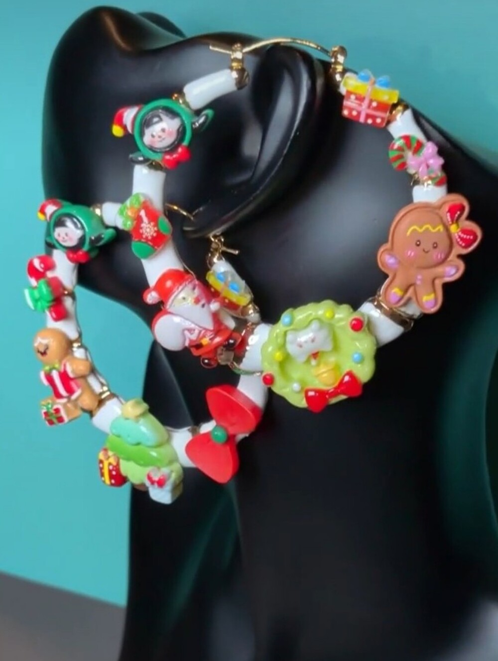 Hand Crafted White Hoop Earrings with Red, Green & Gold Holiday Charms